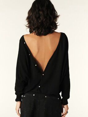 ba&sh Elsy Black Modal Cotton V-Neck Button-Back Sweater Batwing Sleeve - Size S